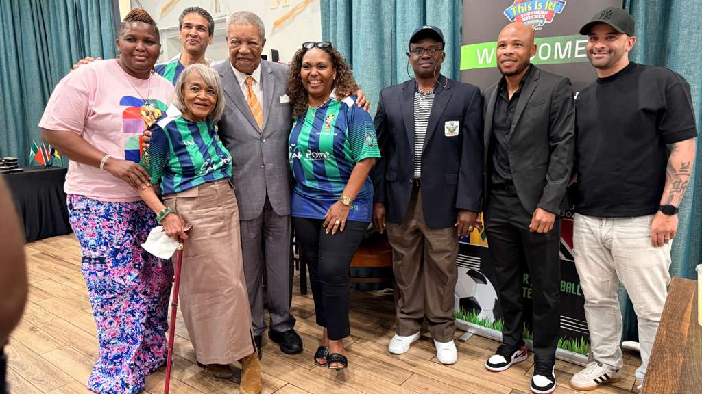 Front row (left to right): Judith Chime, former Nigerian Super Falcons goalkeeper; Patsy Jo Hilliard, former Mayor of East Point and Georgia trailblazer; Robb Pitts, Chairman of the Fulton County Board of Commissioners; Chantel Ross-Francois, President and CEO of the East Point Convention & Visitors Bureau; Paul Lucky Okoku, FIFA Legend, CAF Silver Medalist, and former Nigerian international; Jermaine Hue, former Jamaican international; and Lance Davids, former South African international and football development professional.Back row: Nick Shah, Chairman of the East Point Cultural Arts Council, standing between Patsy Jo Hilliard and Robb Pitts.